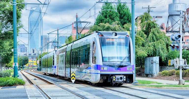 public transportation train in a city